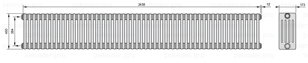 Схема (чертеж) Радиатор Zehnder Charleston 5045/53 №1270 Белый глянцевый RAL 9016